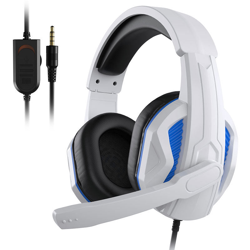 White-blue wired 3.5mm gaming headset angled side view